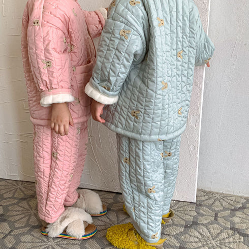 Autumn and winter children's pajamas three-layer cotton padded suit plus velvet thickened household clothing